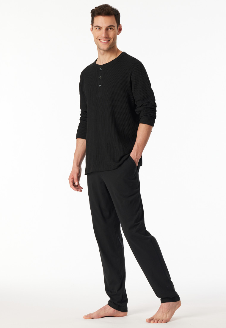Pyjama lange jacquard knoopsluiting zwart - Modern Nightwear