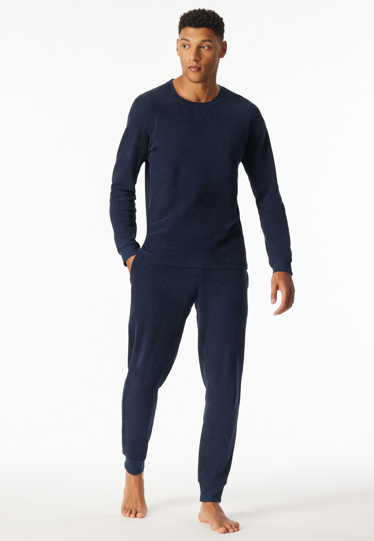 Pyjama lang velours manchetten in nachtblauw - selected! Premium Warming