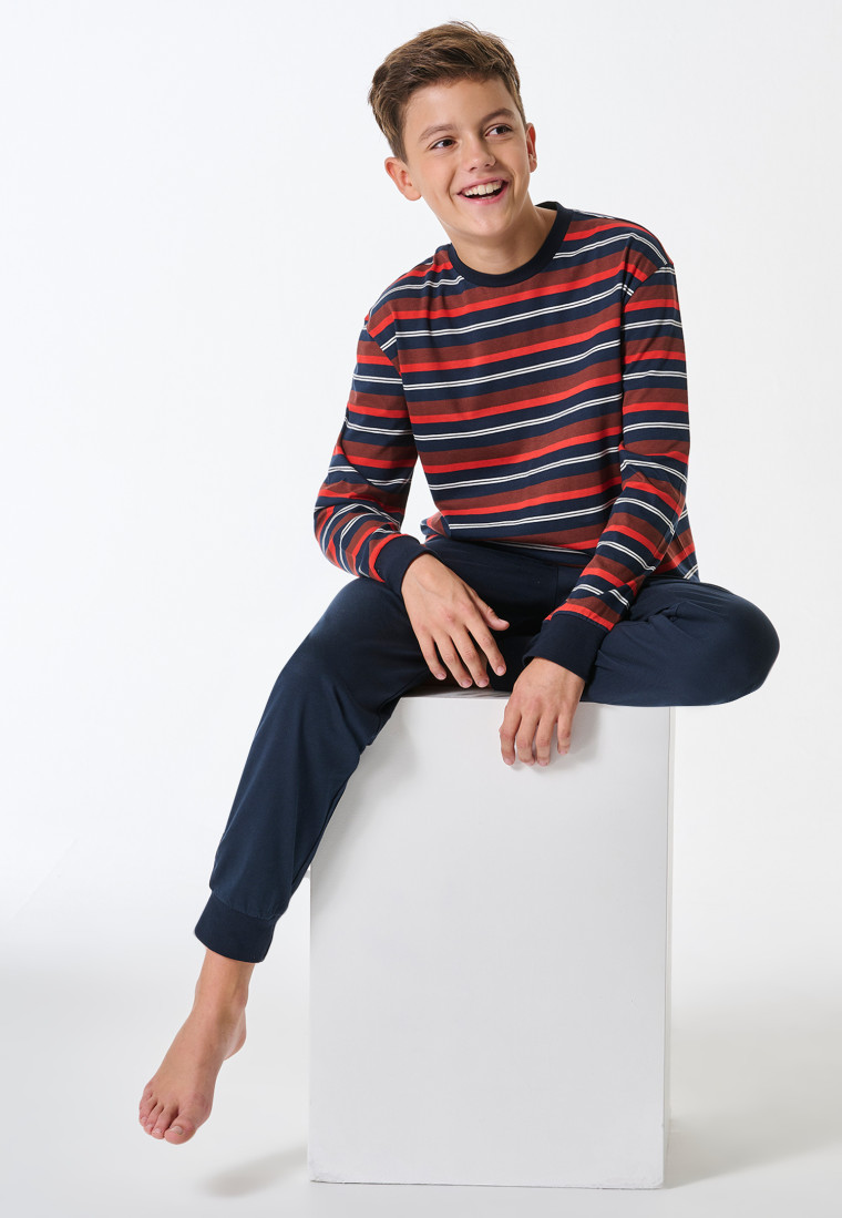 Schlafanzug lang Bündchen Ringel nachtblau - Teens Nightwear