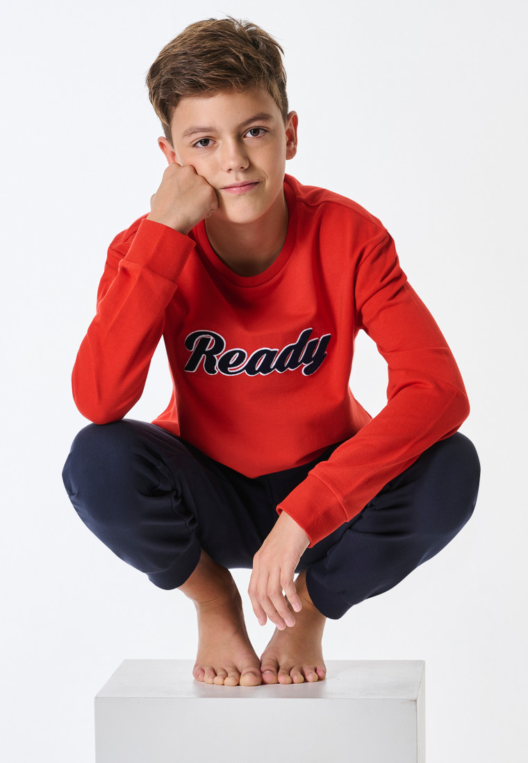 Schlafanzug lang Sweatware Bündchen rot - Teens Nightwear