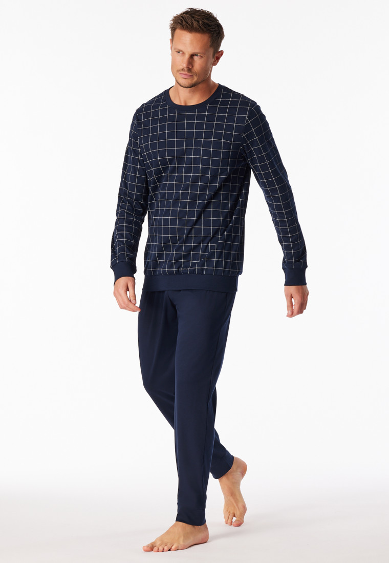 Lange pyjama manchetten nachtblauw geruit - Fine Interlock