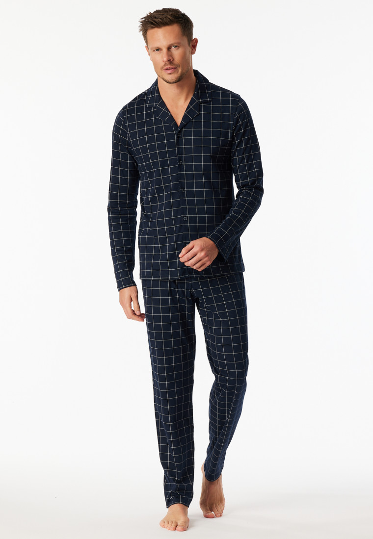 Pyjamas long Interlock midnight blue chequered - Fine Interlock
