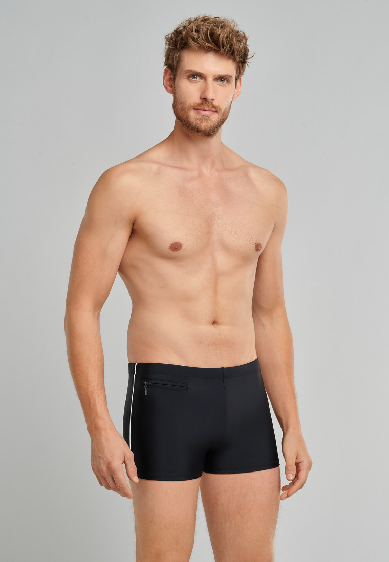 Short de bain rétro noir rayé avec poche à fermeture éclair en maille fines recyclée - Nautical Casual