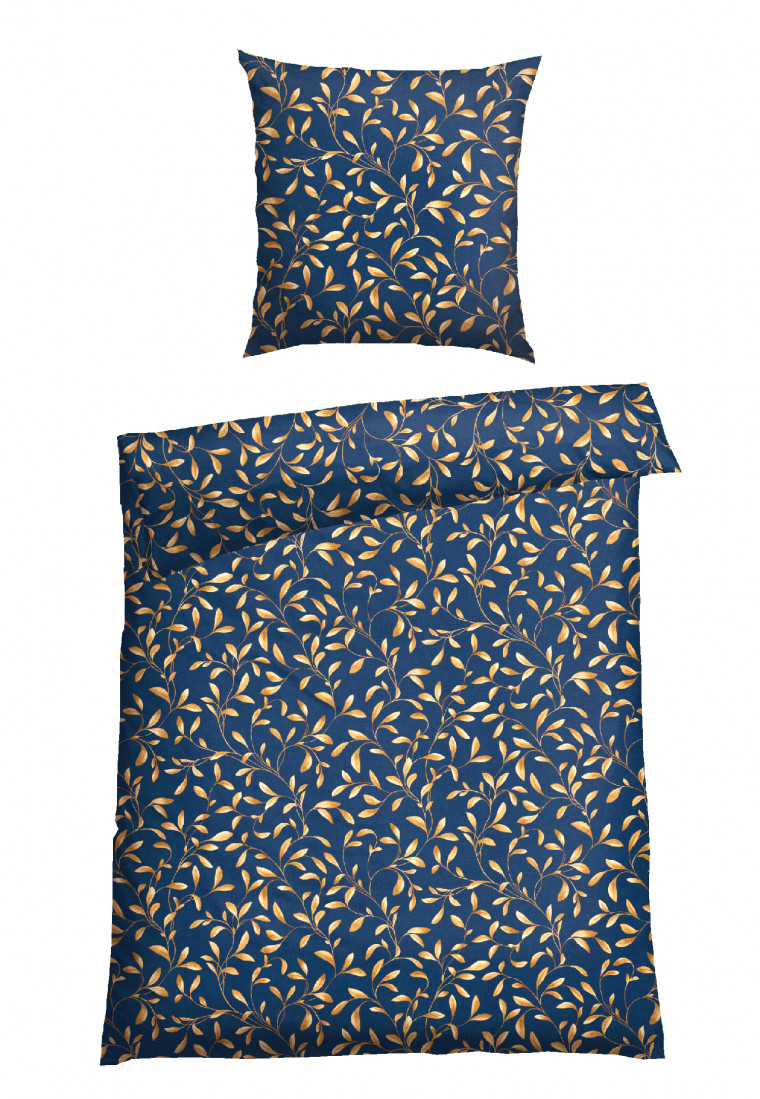 Biancheria da letto, set da 2 pezzi, motivo con foglie, tonalità blu - Renforcé