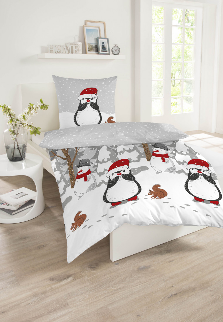 Parure de lit, 2 pièces, en fine flanelle, multicolore avec des pingouins et des écureils - SCHIESSER HOME