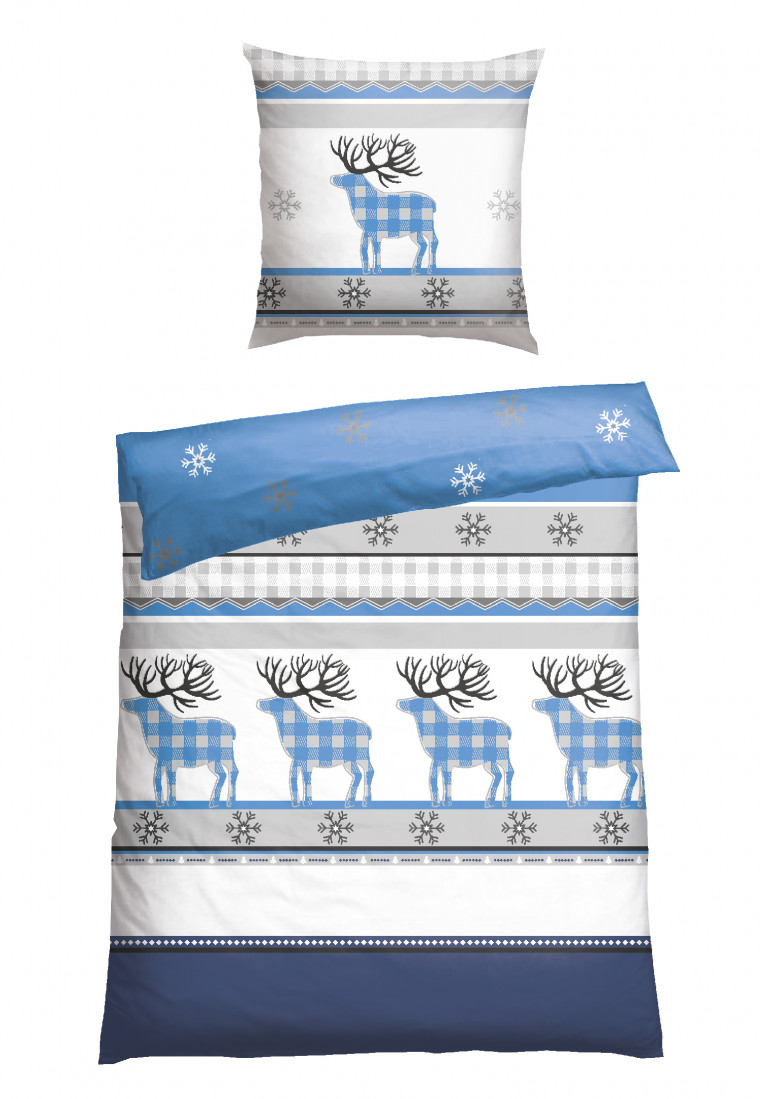 Biancheria da letto, set da 2 pezzi, motivo con renna, tonalità blu - Feinbiber