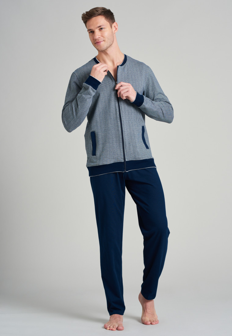 Hausanzug lang Sweatware Bündchen Ringel grau-meliert - Warming Nightwear