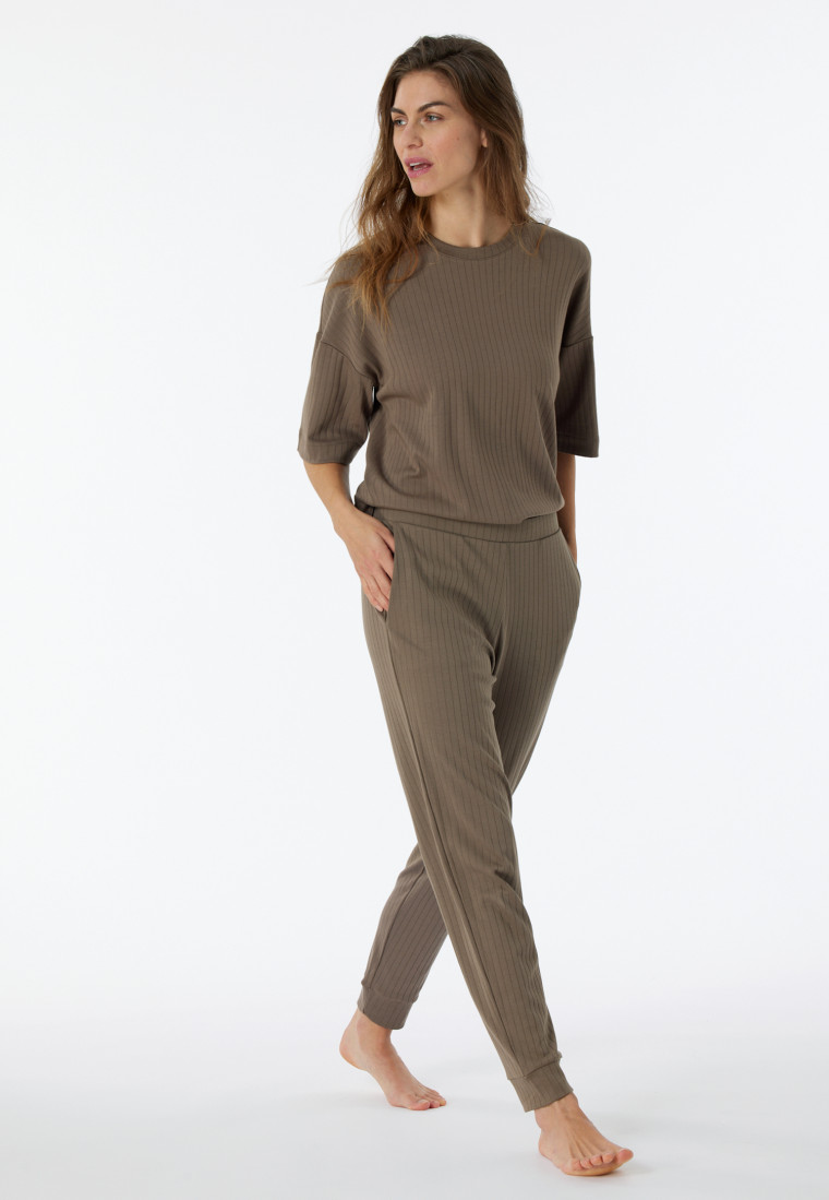 Broek lange interlock biokatoen boorden taupe - Mix+Relax