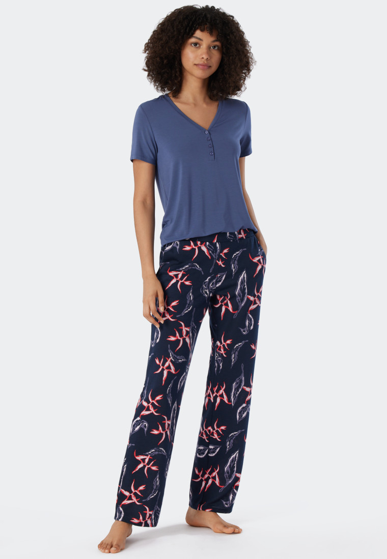 Broek lang, modal, zakken, bladprint multicolour - Mix+Relax