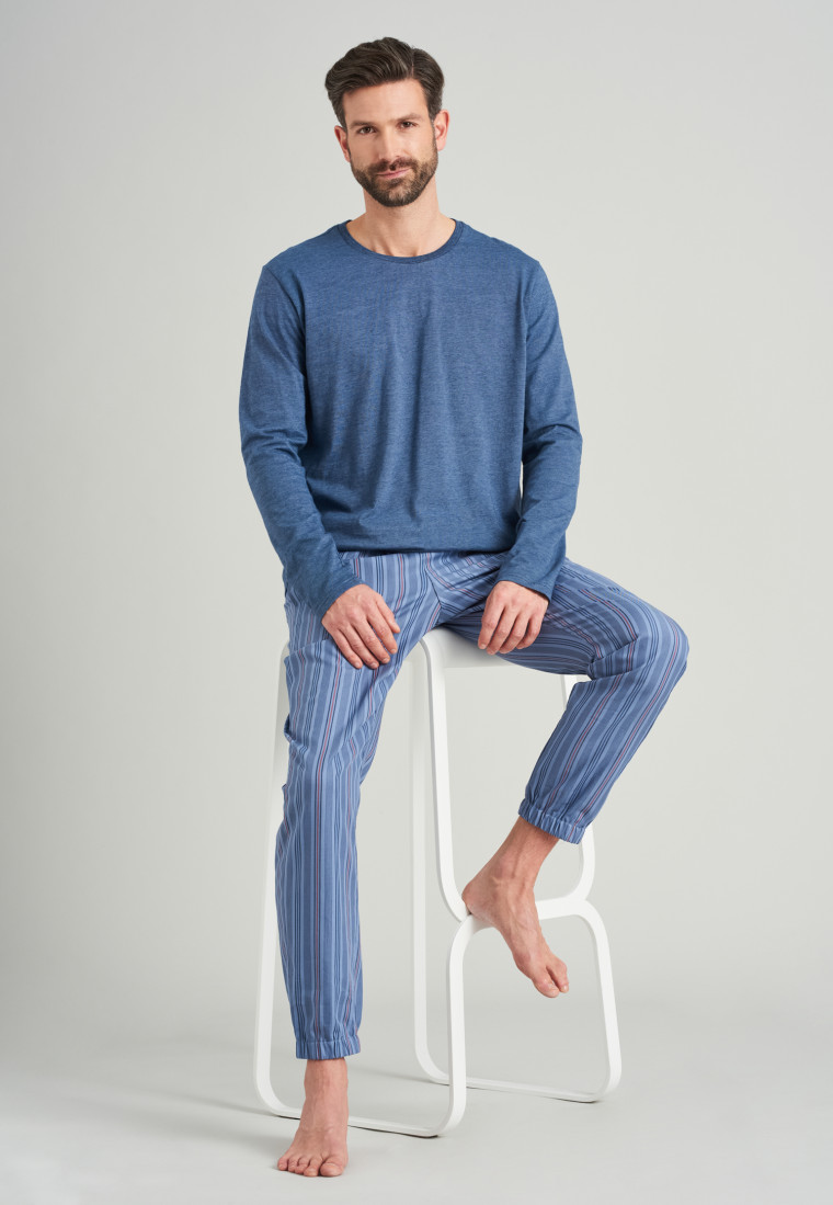 Lange broek van geweven stof, boordjes en strepen blauw - Mix + Relax