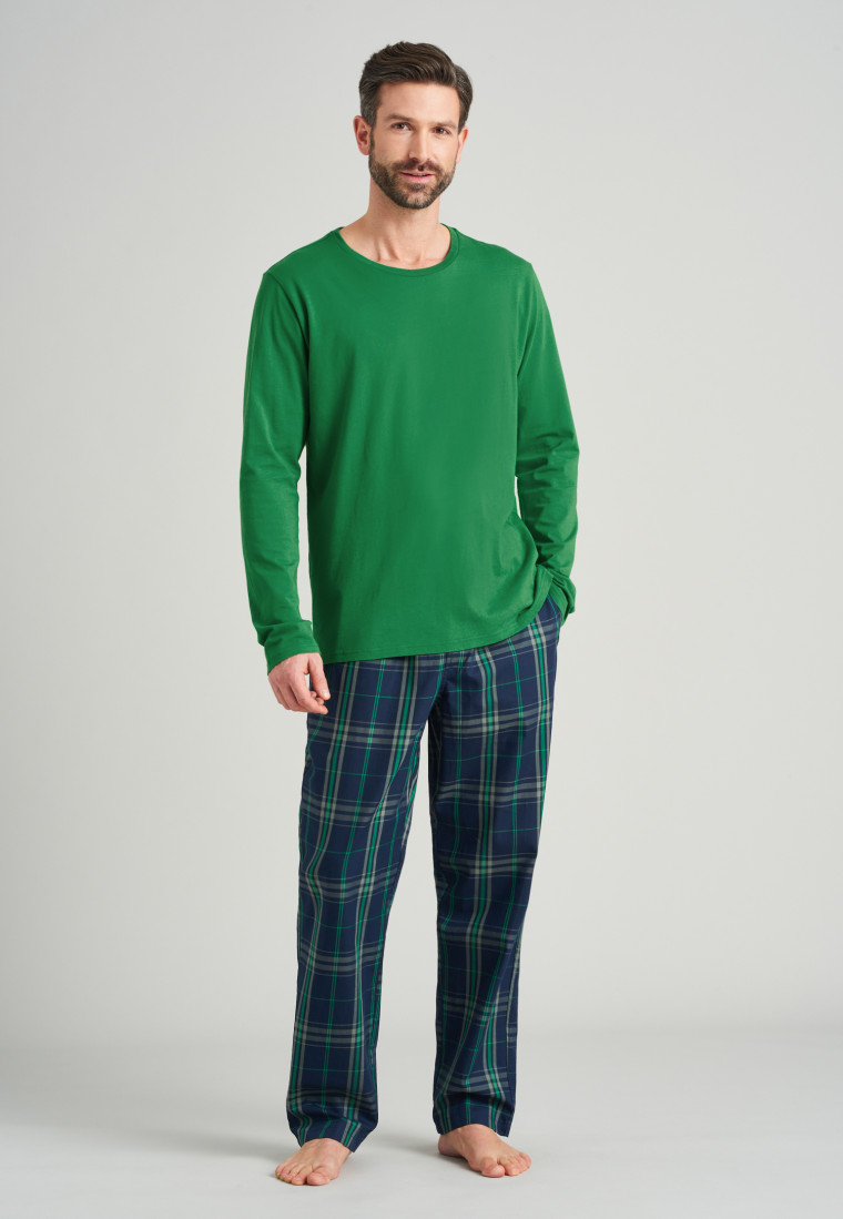Pants long woven fabric button placket green checked - Mix + Relax