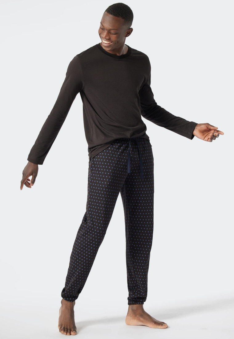 Pantaloni lounge lunghi con polsini, fine interlock, fantasia, marrone scuro - Mix+Relax