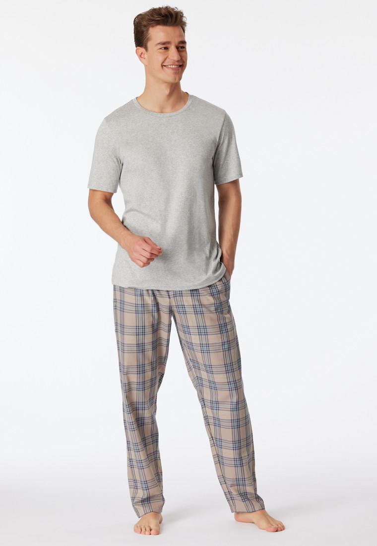 Lounge pants long woven fabric Organic Cotton checks brown gray - Mix+Relax