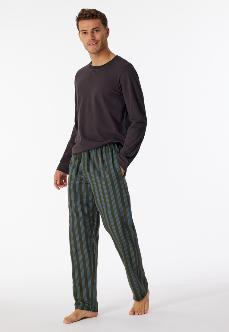 | fabric long dark green SCHIESSER stripes Lounge Relax & - organic pants woven cotton Mix