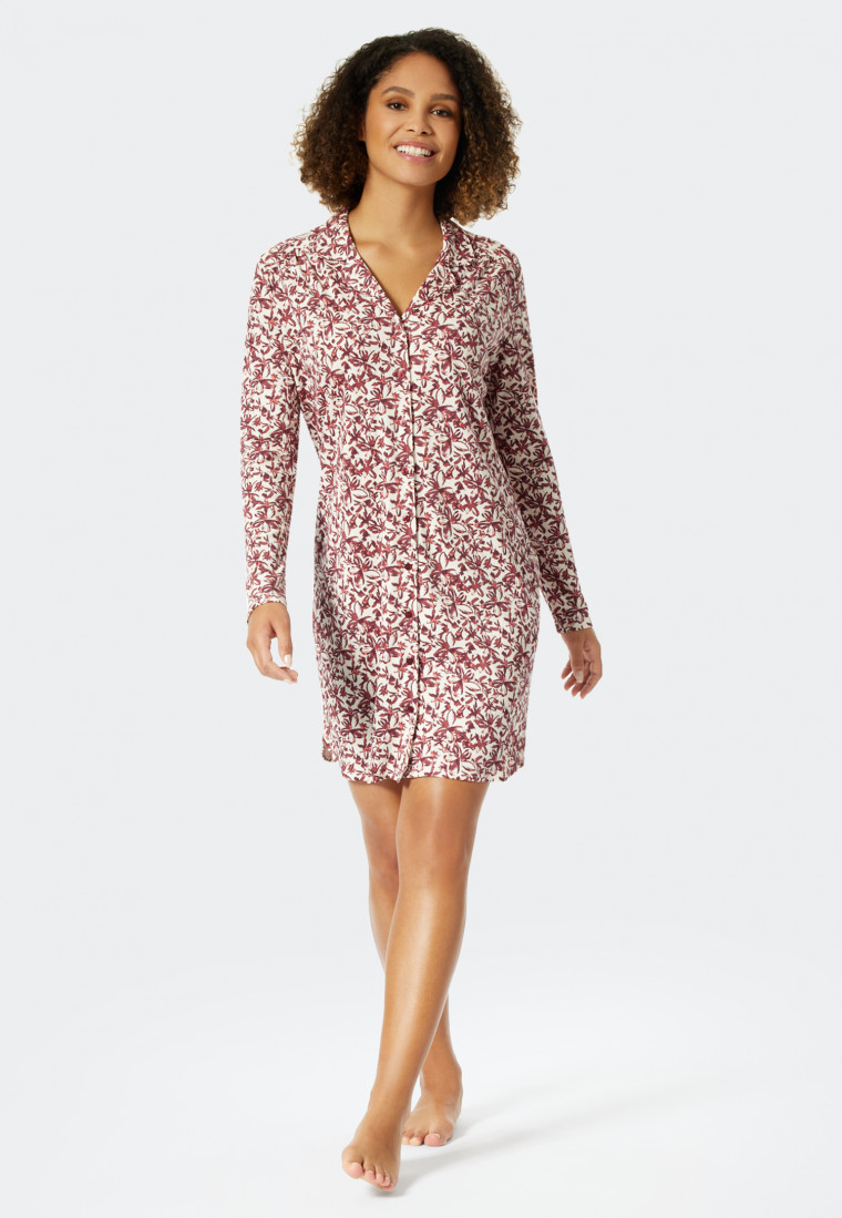 Sleep shirt long-sleeved interlock button placket floral print plum - Feminine Floral Comfort Fit