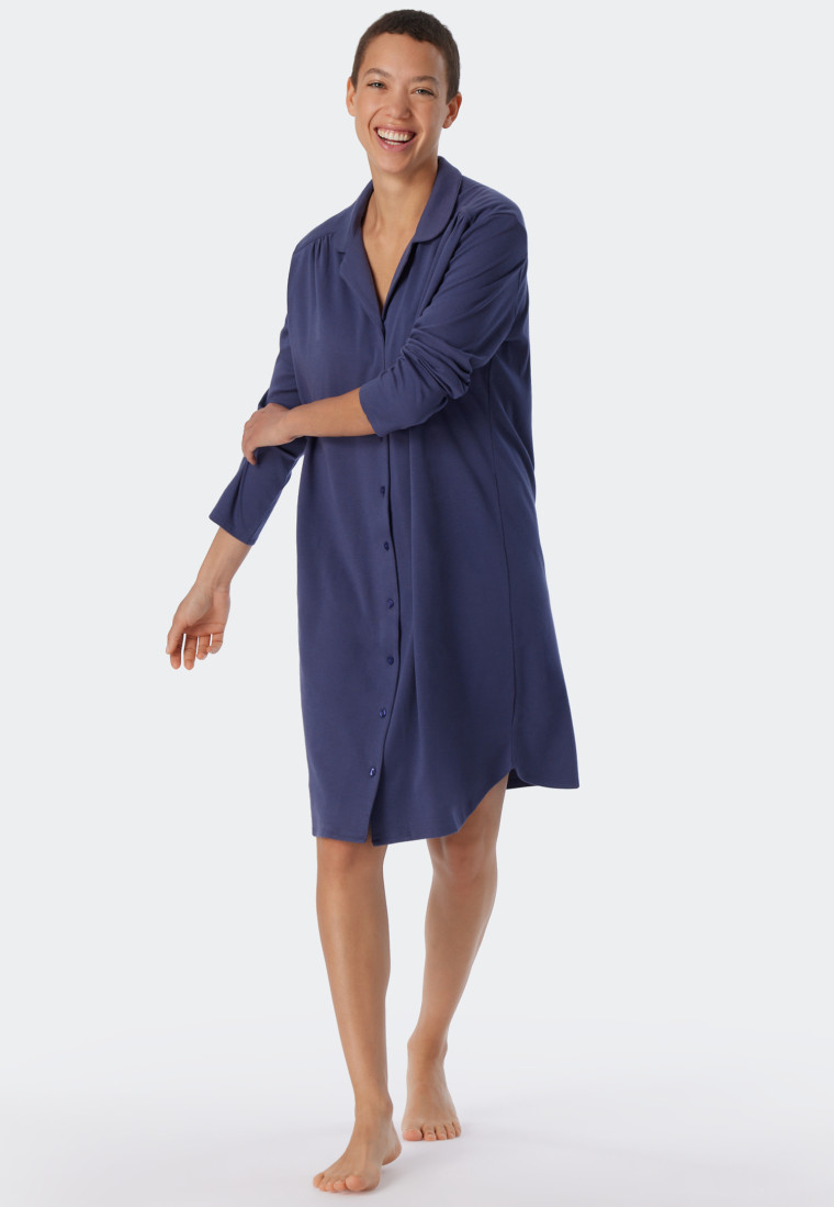 Camicia da notte a maniche lunghe con collo a revers, tessuto Interlock, abbottonatura, blu - Comfort Fit