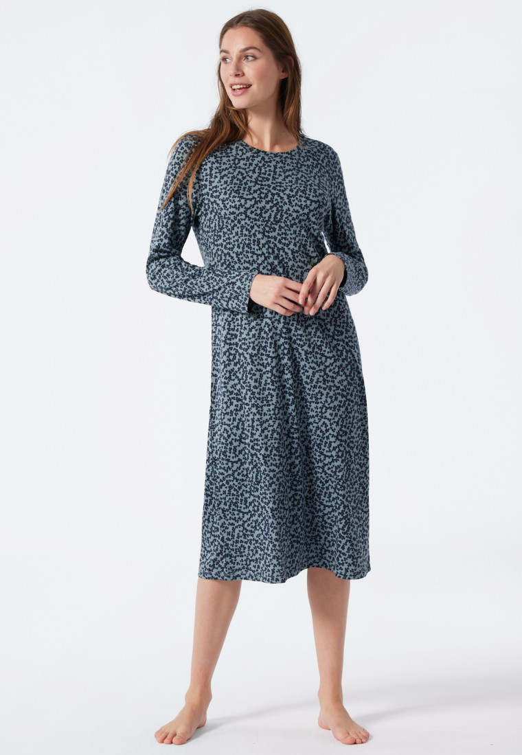 Long-sleeved sleep shirt interlock lapel collar button placket floral print dark blue - Classic Comfort Fit
