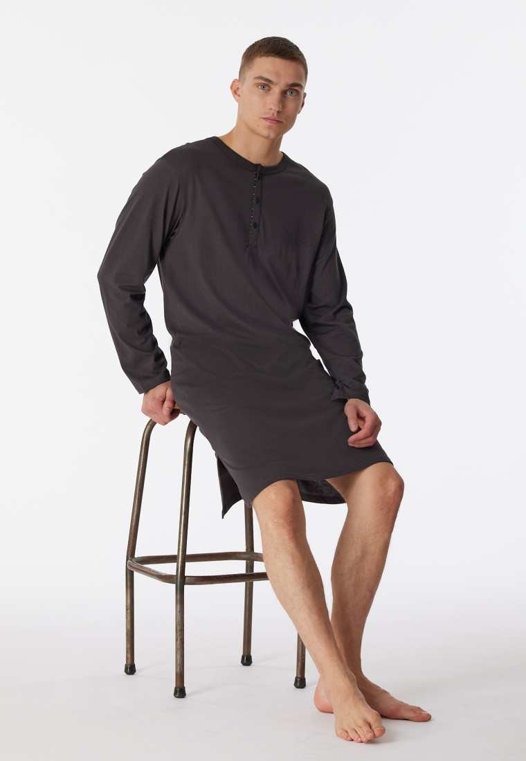 Sleep shirt long-sleeved organic cotton button placket stripes anthracite - Comfort Nightwear
