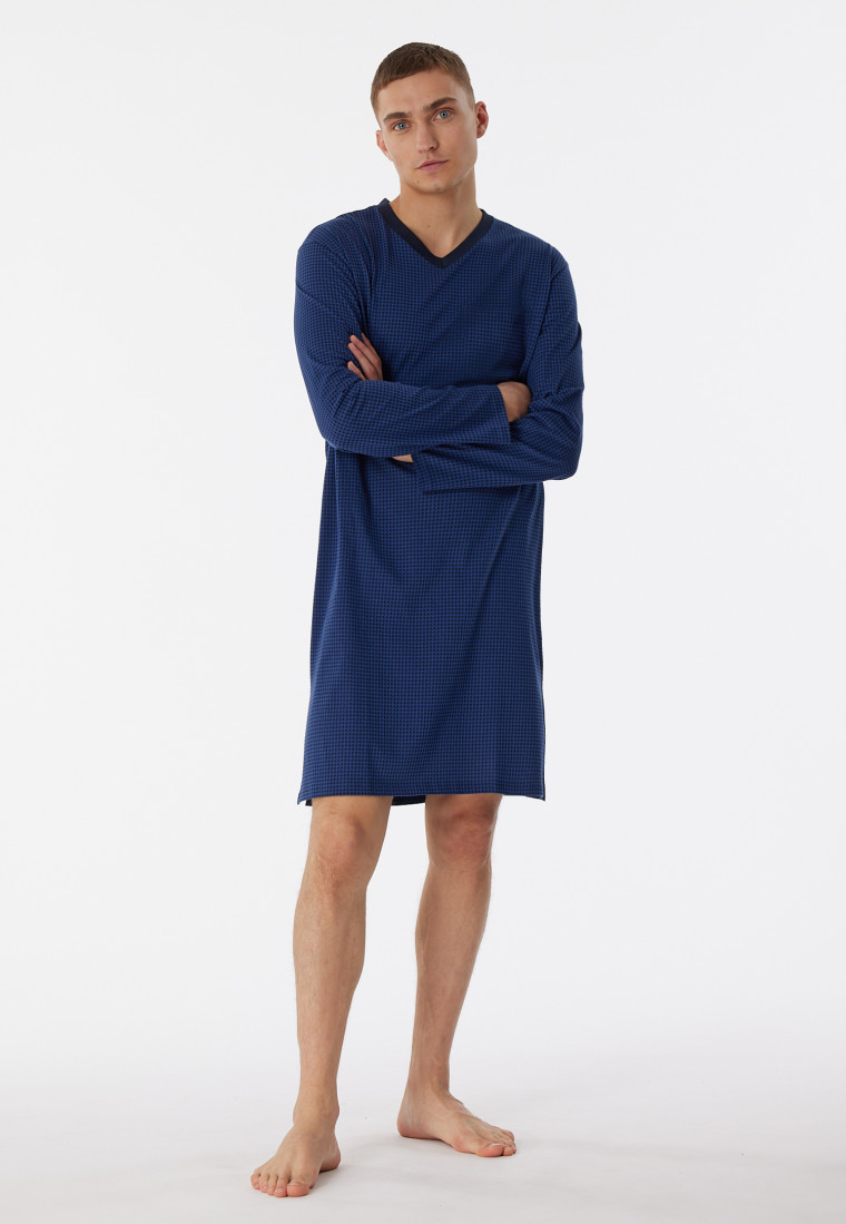 Camicia da notte a maniche lunghe con scollo a V e motivo pied de poule, blu marino - Comfort Essentials
