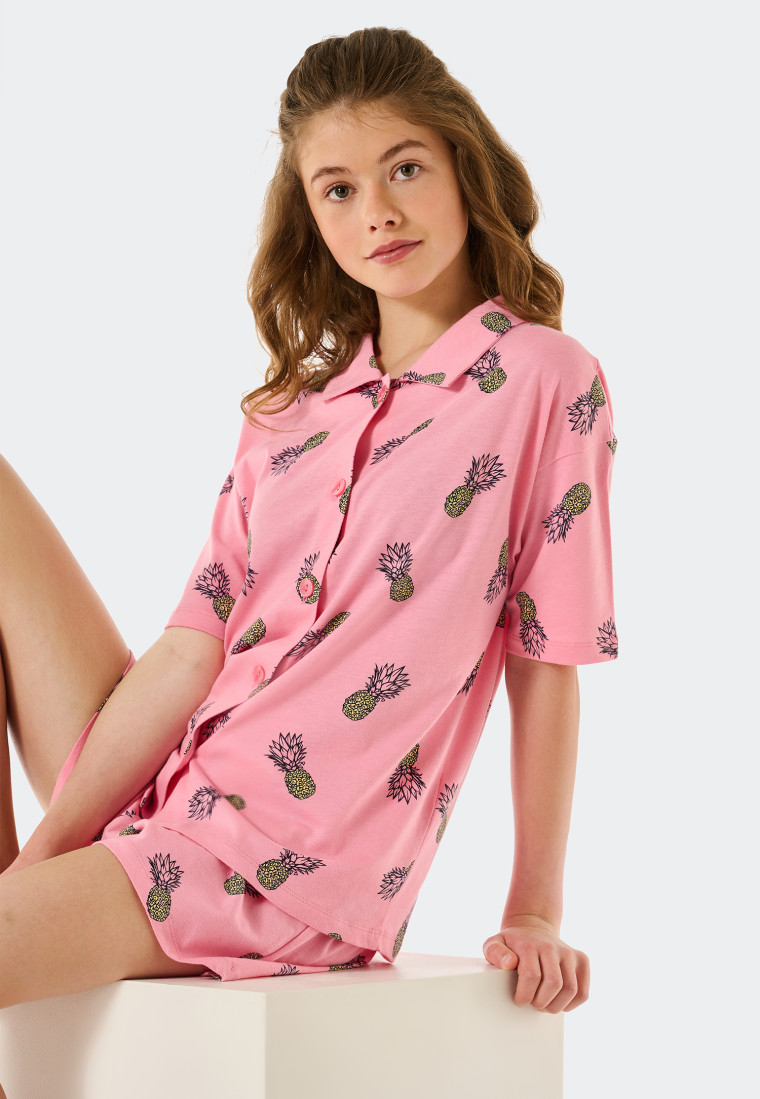 Pyjama kort biologisch katoen knoopsluiting ananas roze - Ocean Flow