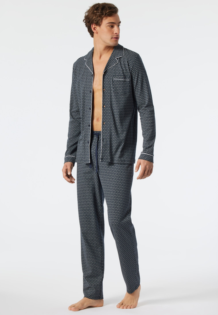 Pyjama long avec passepoil fin interlock à motifs bleu foncé - Fine Interlock