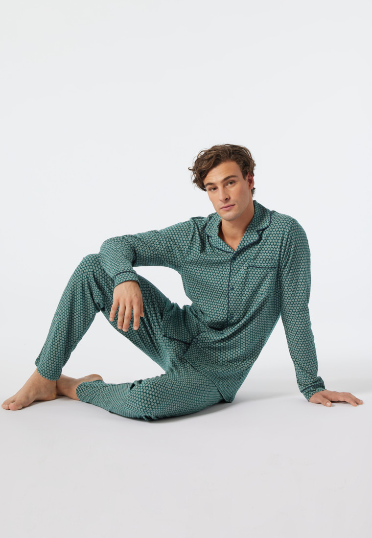 Pyjama lang Feininterlock Paspeln gemustert dunkelgrün - Fine Interlock