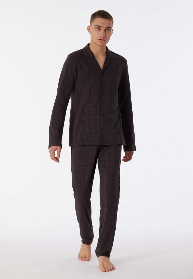 Pyjama lang interlock knoopsluiting geruit antraciet - Fine Interlock