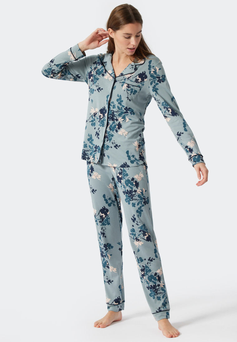 Pyjama lang Interlock Reverskragen Paspeln Blumenprint graublau - Contemporary Nightwear