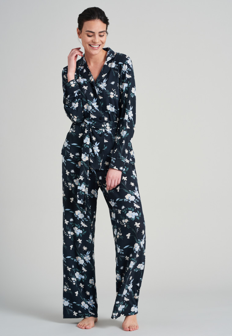 Pajamas long modal cuff belt floral print black - Golden Harvest
