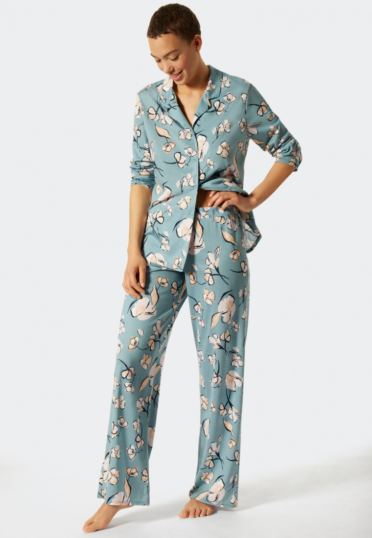 Pyjama lang Reverskragen Blumenprint blaugrau - Modern Floral