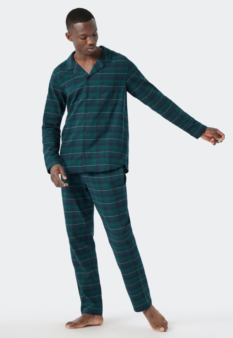 Long pajamas woven flannel button placket checked dark green/dark blue - Pajama Story