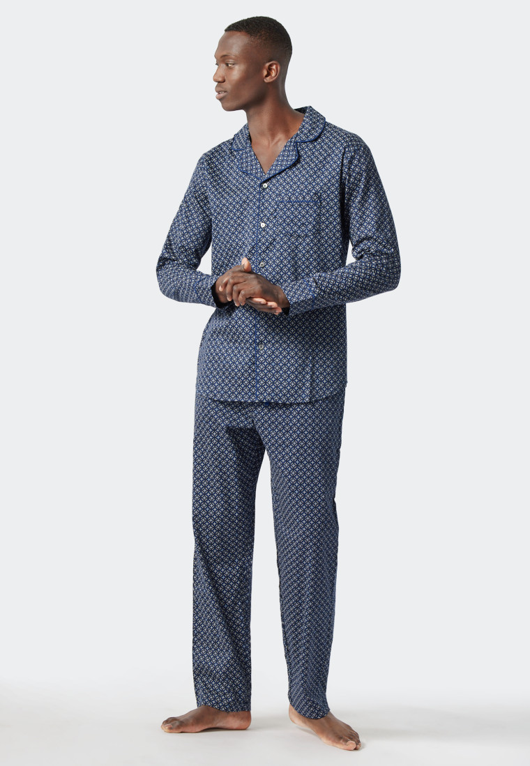 Pyjama lang geweven satijn knoopsluiting patroon blauw - selected! premium inspiration
