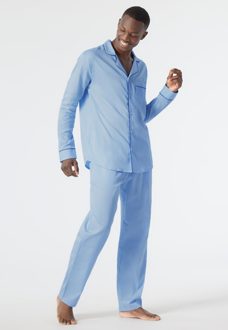Pyjama lang geweven satijnen knoopsluiting lichtblauw - Selected! premium inspiratie