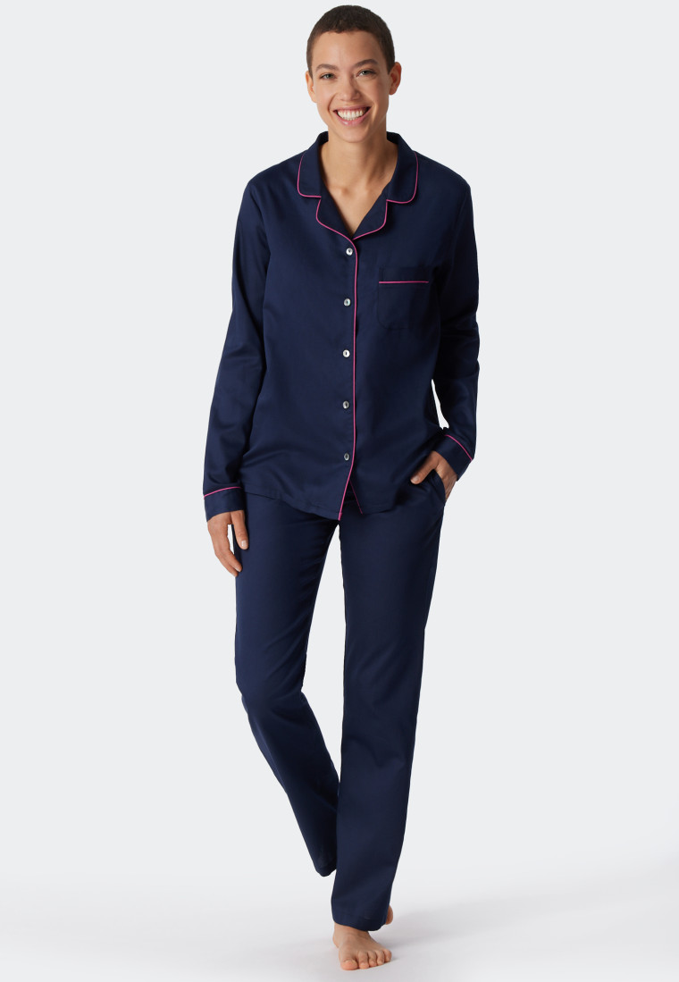 Pajamas long woven satin lapel collar dark blue - selected! premium inspiration