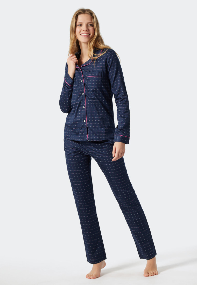 Pyjama lang geweven satijnen reverskraag grafische print donkerblauw - Selected! premium inspiratie