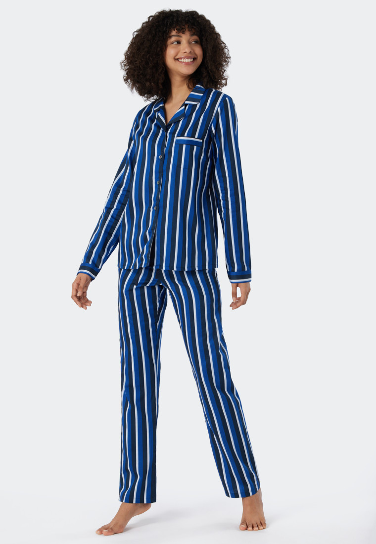 Pyjama lang geweven satijnen reverskraag strepen blauw - Selected! premium inspiratie