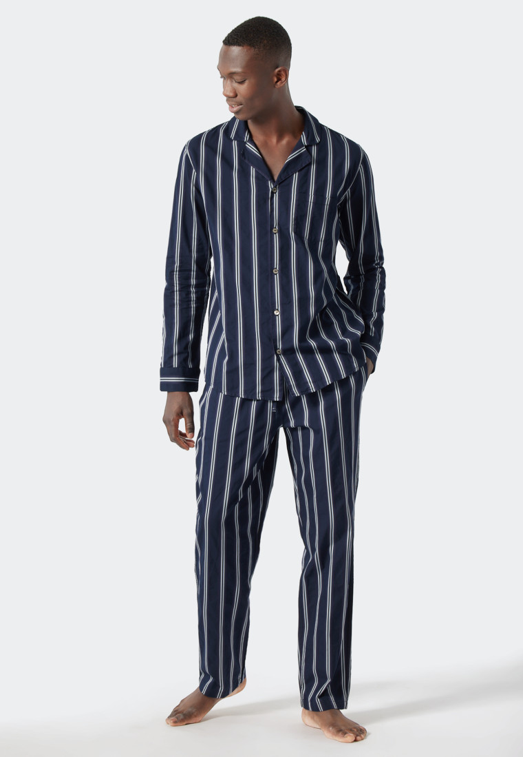 Pyjama long tissé patte de boutonnage bleu foncé rayé - selected! premium inspiration