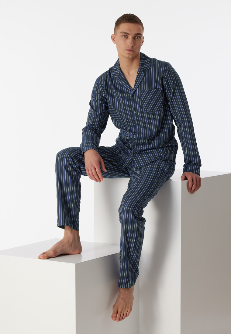Pyjama lang geweven stof biologisch katoen knoopsluiting, gestreept nachtblauw - selected! premium