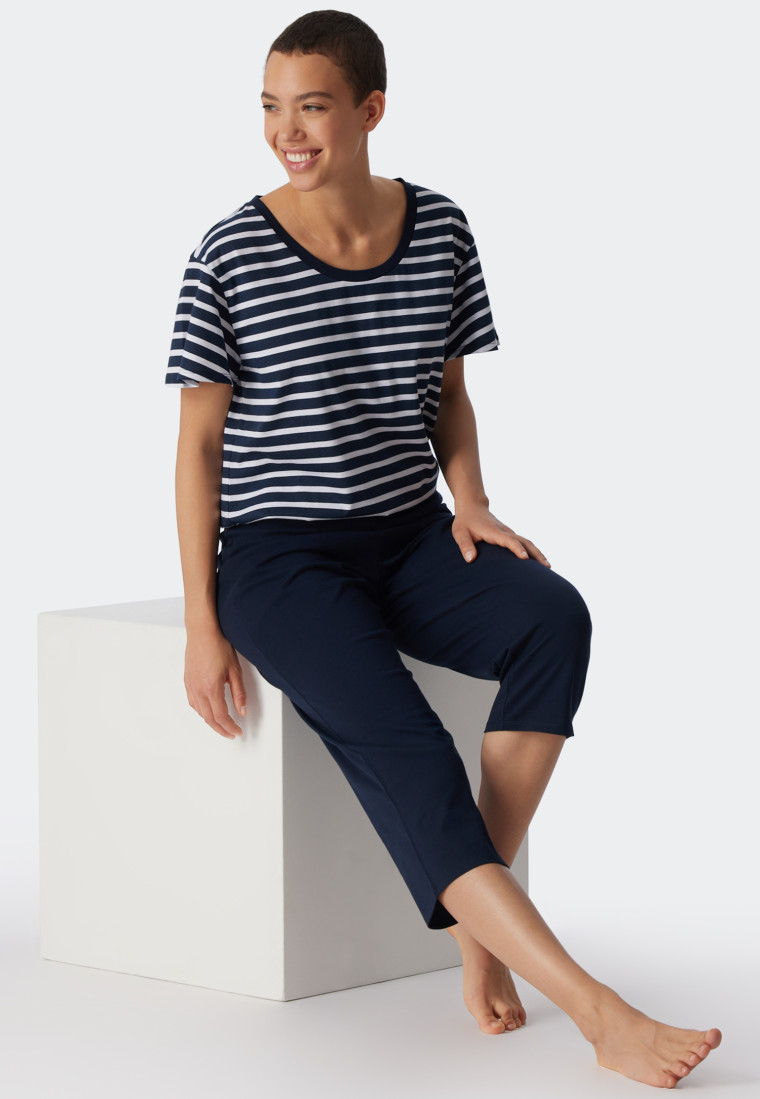 Pajamas 3/4-length organic cotton Breton stripes dark blue - Essential Stripes