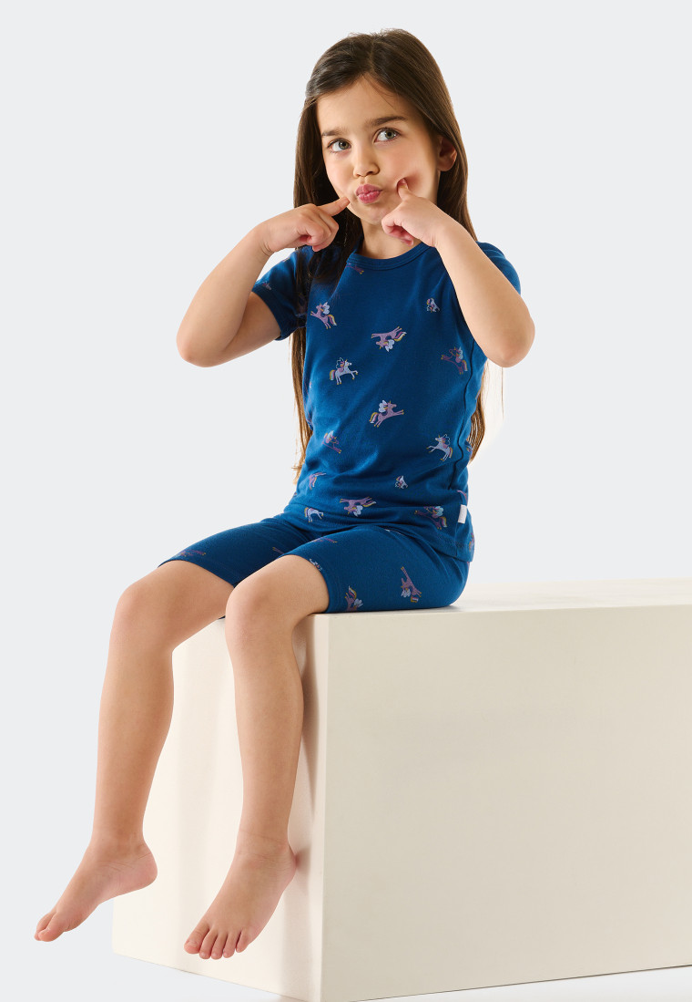 Korte pyjama fijnrib biologisch katoen eenhoorns blauw - Girls World