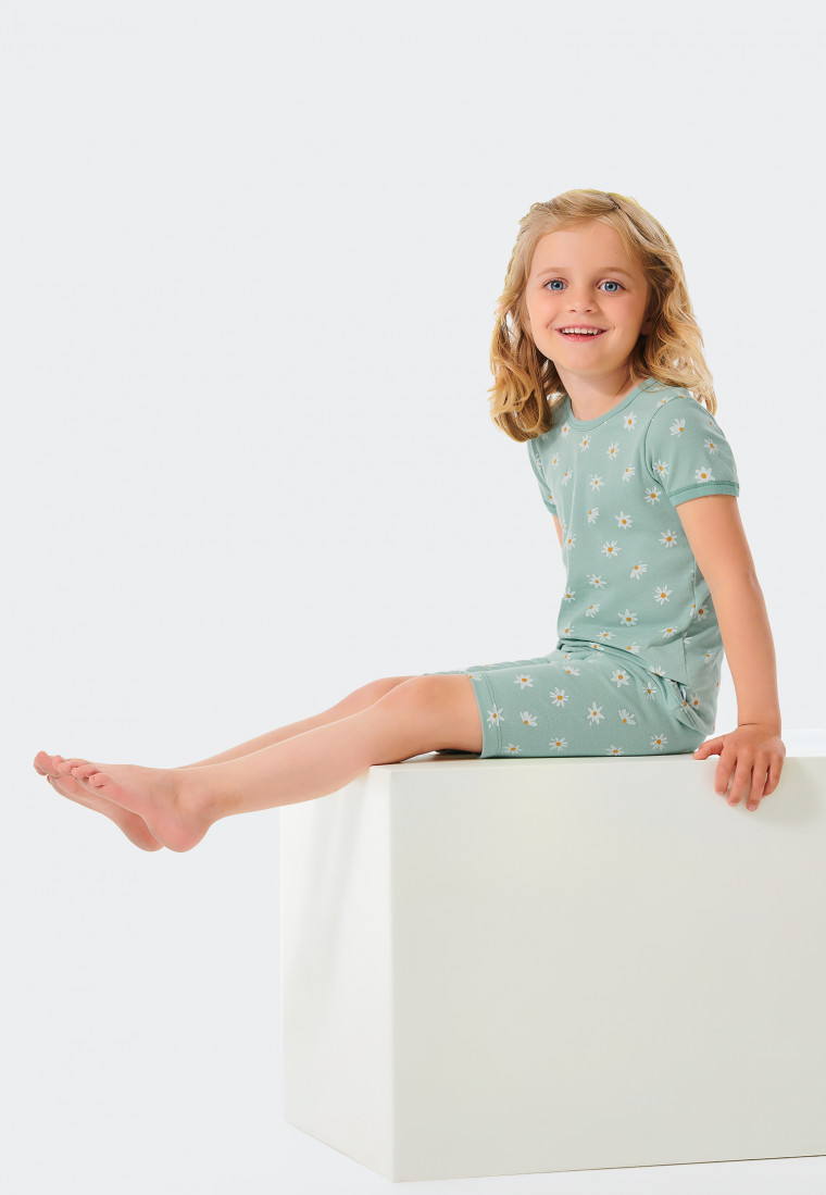 Pajamas short fine rib organic cotton daisies heather green - Natural Love