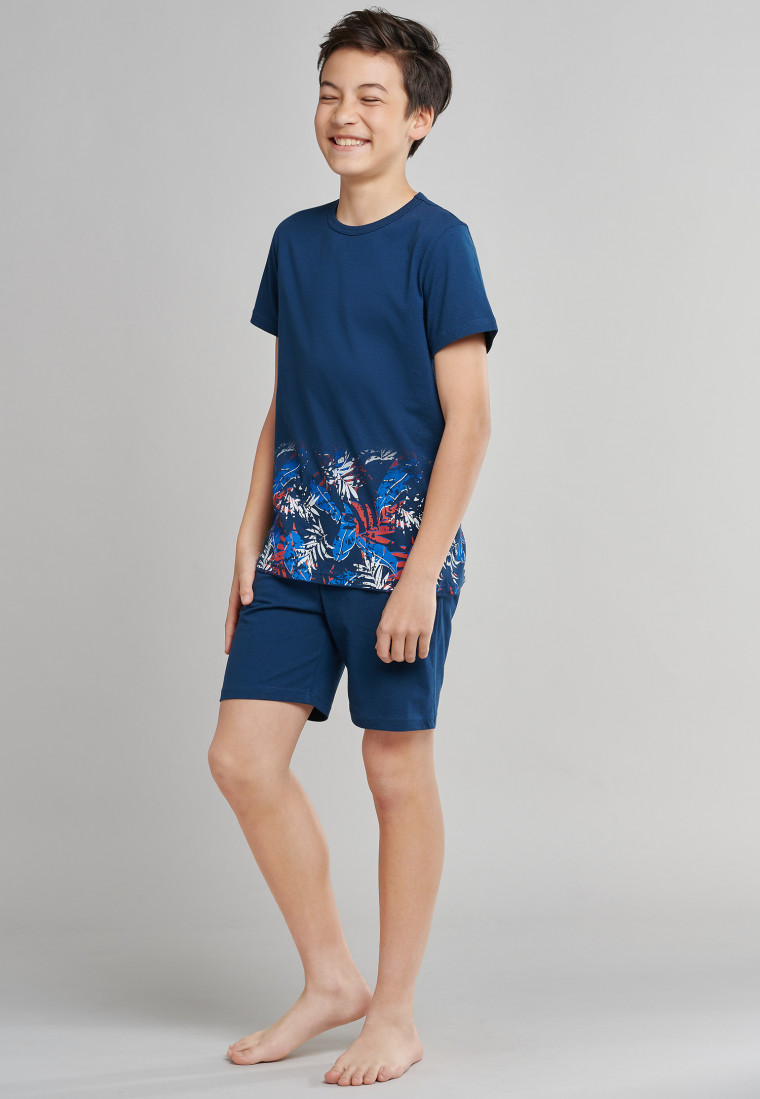 Schlafanzug kurz Jersey Rundhals Blätter dunkelblau - Surfer Style