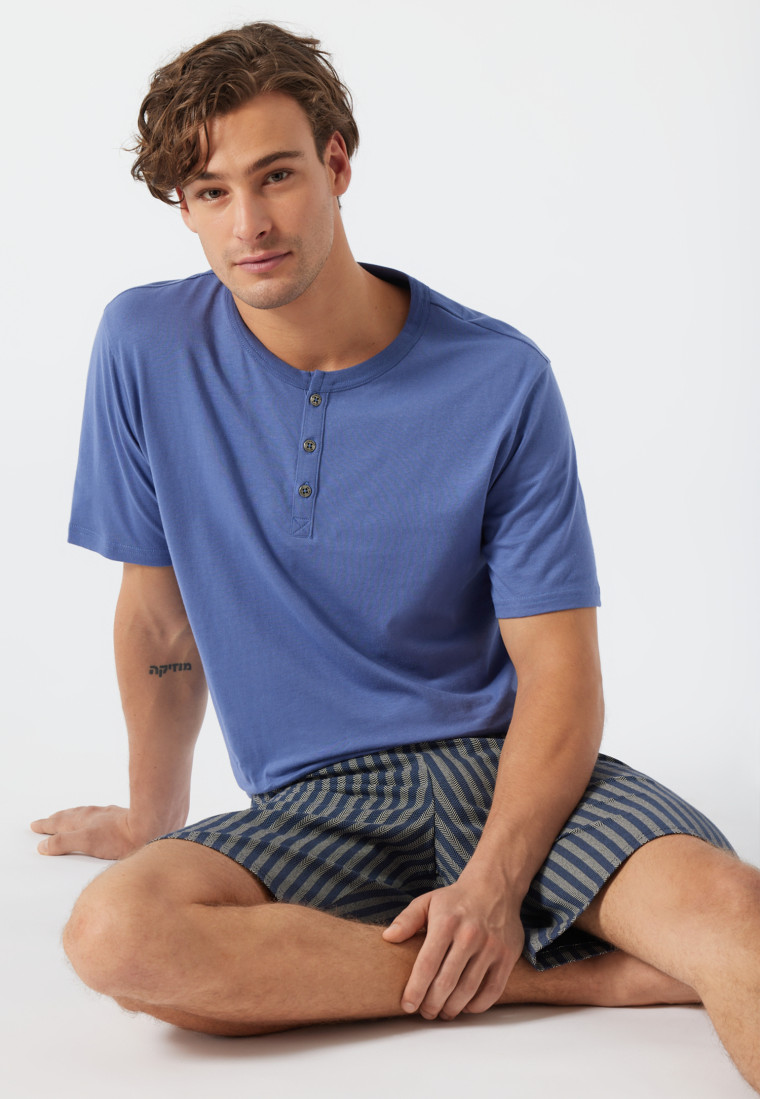 Pyjama, kort, knoopsluiting, visgraatpatroon, denimblauw/donkerblauw - Fashion Nightwear