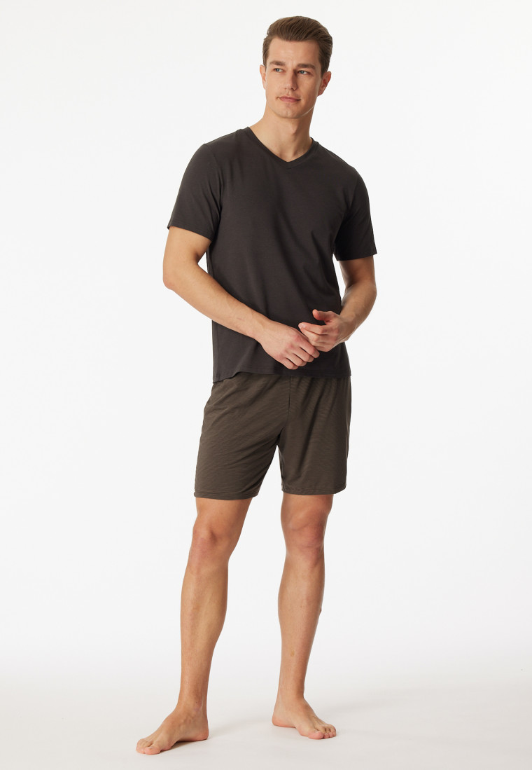 Pigiama corto in modal con scollo a V e motivo a righe, color antracite - Long Life Soft
