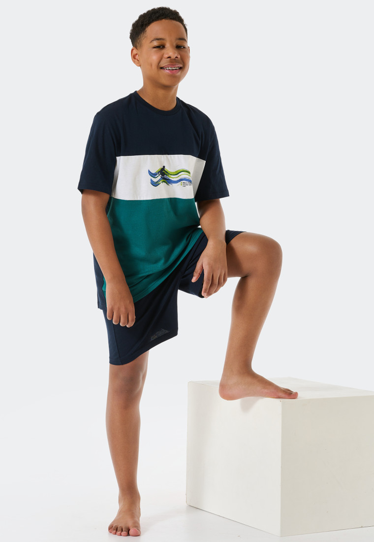 Pigiama corto in cotone biologico a righe larghe, onde, verde scuro - Ocean Flow