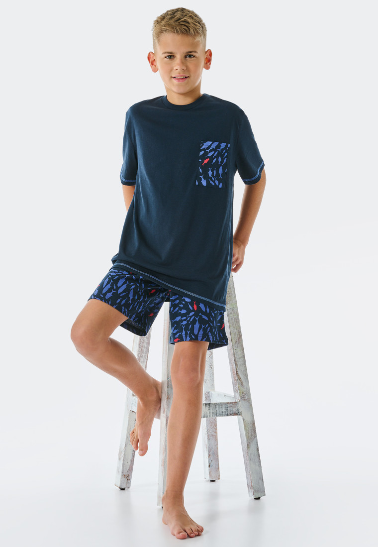 Pajamas short organic cotton chest pocket fish dark blue - Aquatic Flow