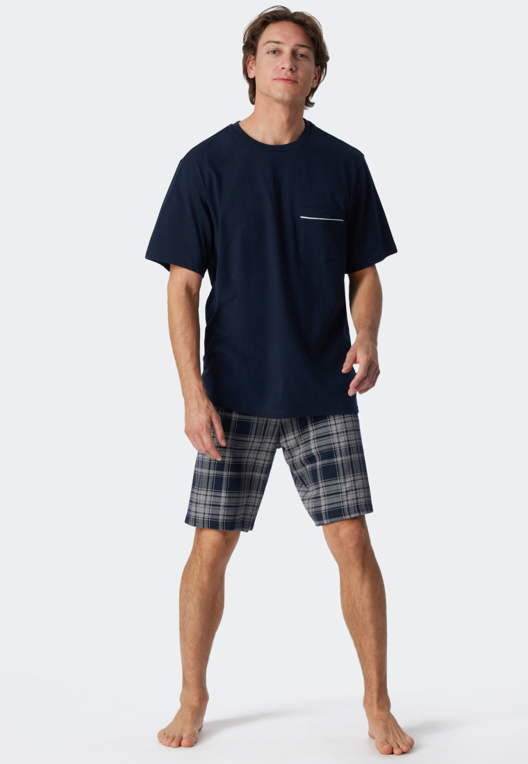 Pyjama kort biologisch katoen geruit donkerblauw - Comfort Fit