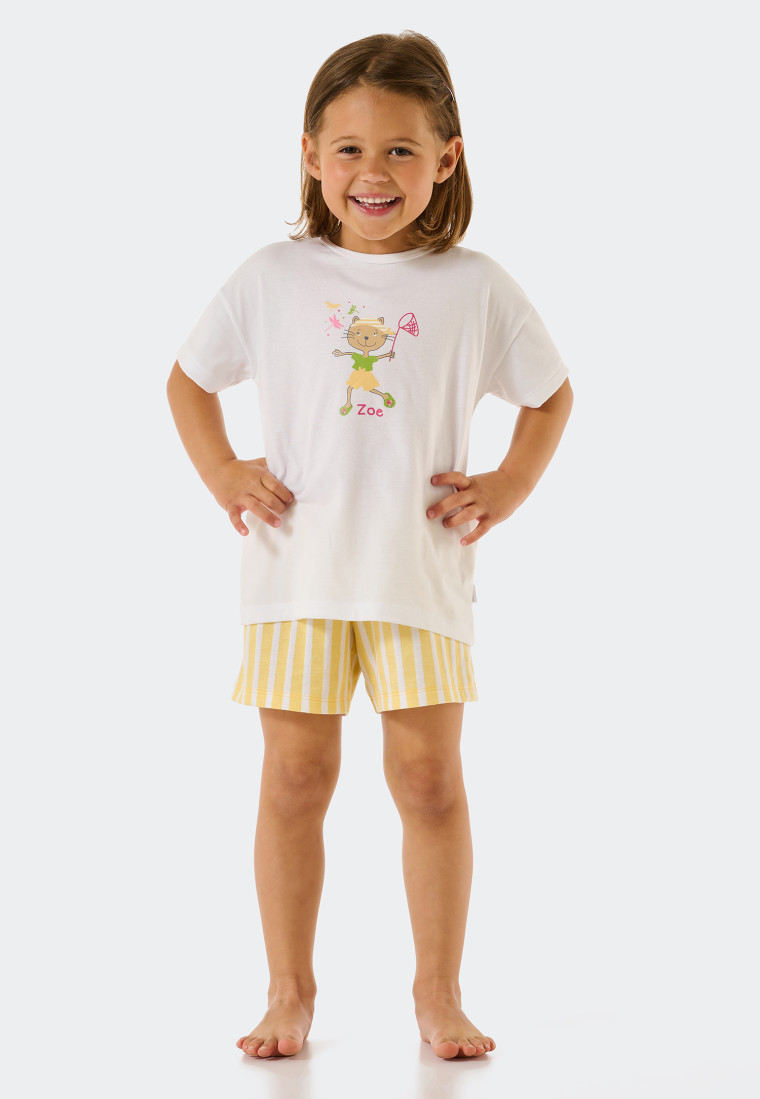 Pajamas short organic cotton cat dragonflies stripes white - Cat Zoe