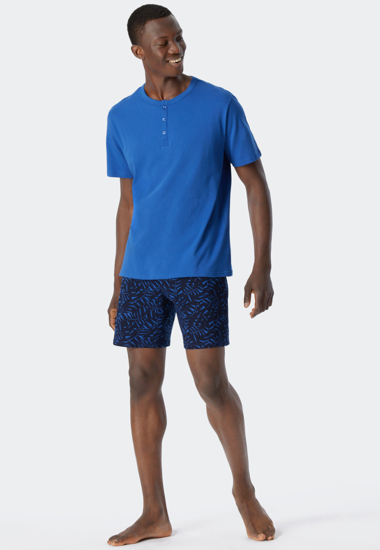 Pyjama kort biologisch katoen knoopsluiting bladeren aqua - Fashion Nightwear