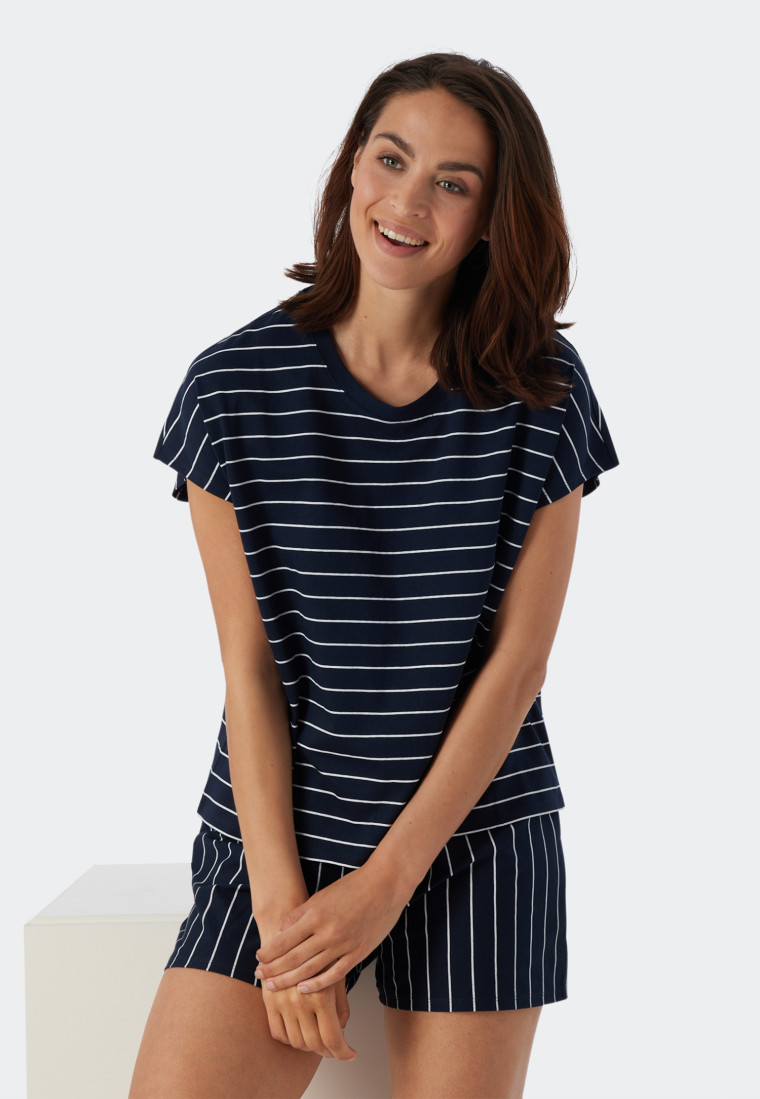 Pyjama kort biologisch katoen strepen donkerblauw - Just Stripes